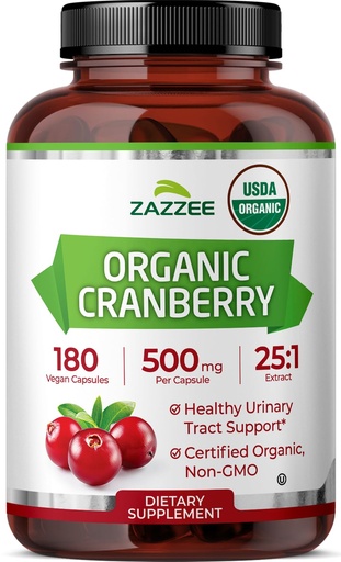 [BRSRE2YPBB6RSYDX] Zazzee USDA Organic Cranberry 25:1 Extract, 500 mg per Capsule, 180 Vegan Capsules, 6 Month Supply, Certified Kosher, Vaccinium Macrocarpon, Bladder Support, Non-GMO, Made in the USA