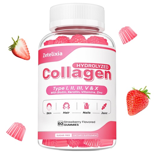 [BRSRAHAEOEFR6ALV] Collagen Gummies for Women Men, Hydrolyzed Collagen Peptide Type I,II,III,V,X with Biotin, Vitamin C A B D E for Skin Hair Nails J0ints, Immunity Energy Digestion, Sugar Free, 60 Count