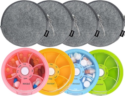 [BRSRMZQHDEFQG3DH] INVODA Weekly Pill Organizer 7 Compartment Rotating Pill Box for Daily Medication & Vitamins - Portable Travel Pill Case Fish Oil Supplements Vitamins Organizer (4 Pill Box+ 4 Bag)