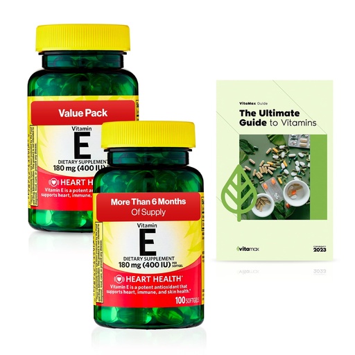 [BRSRAYIPCAMA2CA4] Spring Valley Vitamin E Heart Health Dietary Supplement Softgels, 180 mg (400 IU), 200 Count, 2-Pack + Exclusive VitaMax Vitamin Guide (3 Items)