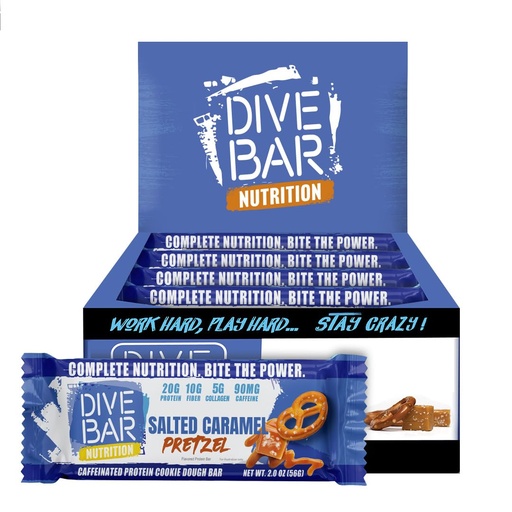 [BRSRGHD5BZ5RS2DB] Dive Bar Nutrition Protein Bars | 20g Protein, 10g Fiber + Collagen | 90mg Caffeine Energy Snack | 12 Count (Salted Caramel Pretzel)