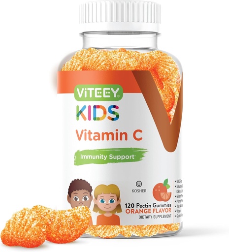 [BRSWYBIFAQFB4CA2] Viteey Kids Vitamina C Gummies - Suporte imunológico para crianças, Crianças, & Adolescentes - Vegan, Gelatina grátis, Gluten Free, GMO livre - saborosa laranja saborosa chiclete de imunidade saborosa