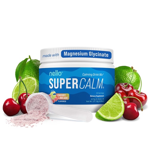 [BRSREBL4OQBAKE34] Nello Supercalm Powdered Drink Mix Tub, Cortisol Reducer* and Sleep Aid Supplement, L Theanine, Ksm-66 Ashwagandha, Magnesium Glycinate, Vitamin D 3, No Sugar, Non GMO, 30 Ct, Cherry Limeade