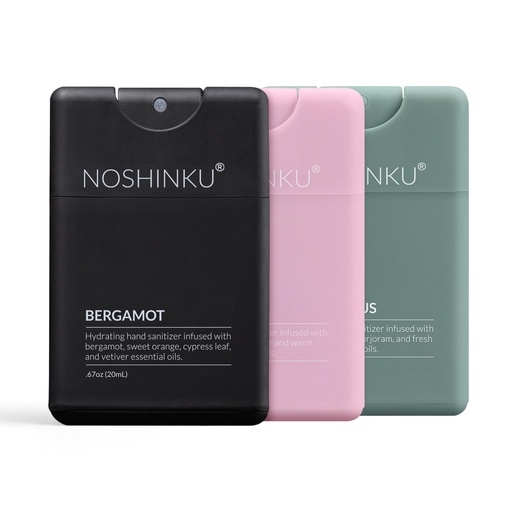 [BRSROYLYPN7RUHLX] Noshinku - Refillable Hand Sanitizer Discovery 3-Pack, Travel Size Spray with Hydrating Botanical Oils, Natural Ingredients, All Natural Fragrances, Sugarcane Derived Alcohol, No Parabens, No Dyes