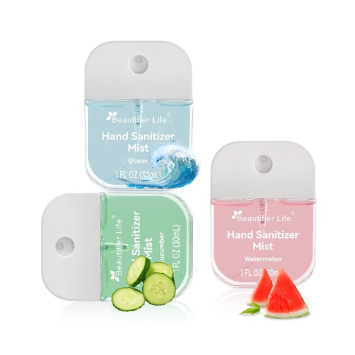 [BRSRE2QDAEAQOAD3] Beautifier Life Mini Portable Hand Sanitizer Spray (3-Pack) - Pocket-Sized 1 Fl Oz Travel, Ultra-Soothing 70% Alcohol Formula, Power Mist, No-Rinse Fast-Dry - Ocean Watermelon Cucumber