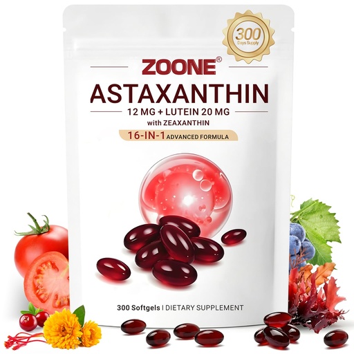 [BRSRGBAPOQNQMCTU] 16-in-1 Astaxanthin 12mg Antioxidant Supplements, 300 Softgels | Astaxanthin with Lutein and Zeaxanthin Supplements, Fresh Microalgae Source for Eye Skin Health, No Gluten, 10-Month Supply