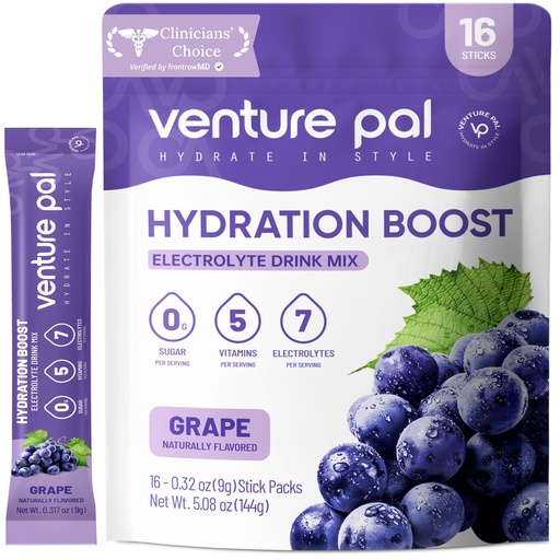 [BRSROHQ2ABYQ4H3H] Venture Pal Sugar Free Electrolyte Powder Packets - Liquid Daily IV Drink Mix for Rapid Hydration & Party Recovery | 5 Vitamins & 7 Electrolytes| Keto Friendly | Non-GMO | Certified Vegan | 16 Sticks