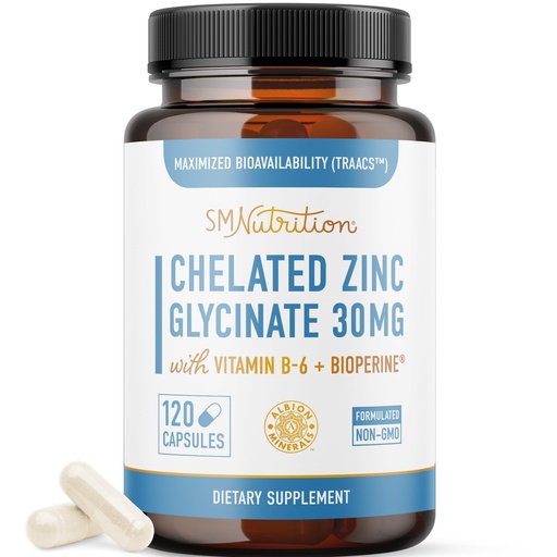 [BRSWGADRCQNAMALD] Chelated Zinc Supplements | Zinc Glycinate 30mg | Highly-Absorbable TRAACS Chelated Bisglycinate, Vitamin B6 and BioPerine | Immune Support, Acne & Energy | Non-GMO, Gluten-Free | 120 Capsules