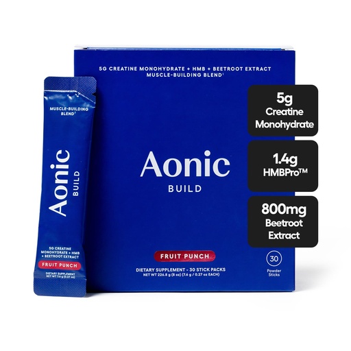 [BRSRECQDBYBGMA32] AONIC Build 3-in-1 Creatine Powder, HMBPro™ & Beetroot Formula | Vegan, Non-GMO Drink Mix – Fruit Punch (30 Sticks)