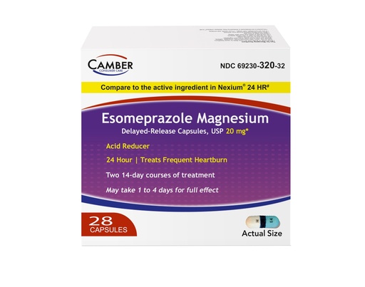 [BRSREED4CMIRMFLG] Camber Esomeprazole Magnesium USP 20mg, Delayed Release Capsules, Treats Frequent Heartburn (28 Count)