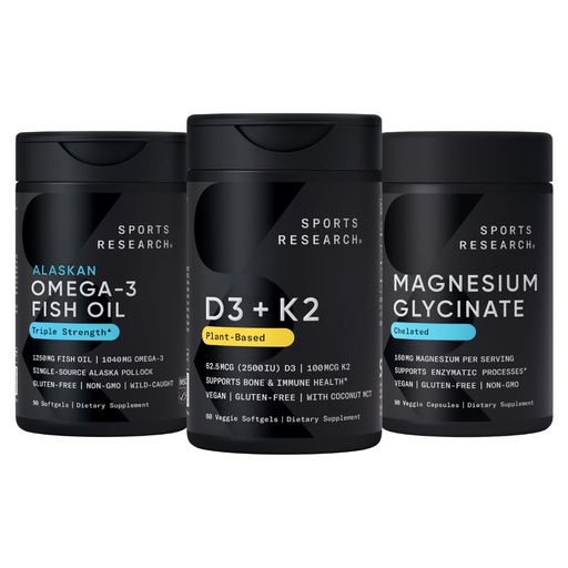 [BRSRYZD3CQDRECDV] Sports Research® Multivitamin Pack - Vitamin D3 2500iu + K2 100mcg, Alaskan Omega-3 Fish Oil 1250mg, and Chelated Magnesium Glycinate 160mg