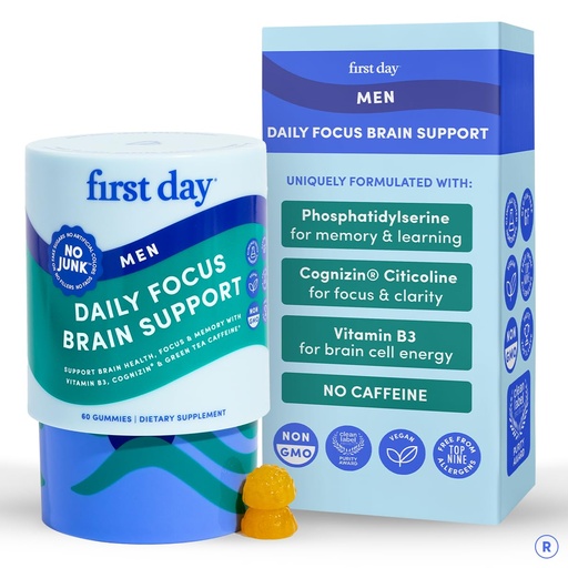 [BRSREAIHCECWGHY6] Men's Brain Gummies with Phosphatidylserine (PS), Cognizin Citicoline & Vitamin B3 | Focus, Memory & Mental Energy with Natural Caffeine | Vegan, Allergen-Free, Gluten-Free | 30-Day Supply