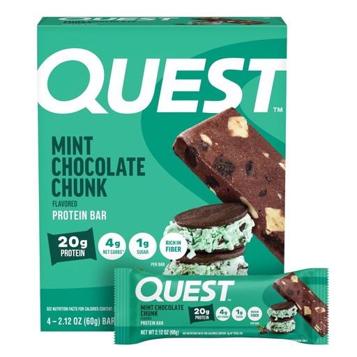 [BRSWG2QDA4CQI2Q3] Quest Nutrition Mint Chocolate Chunk Protein Bars, 20g Protein, 1g Sugar, 4g Net Carb, High Fiber, Gluten Free, Keto Friendly, 4 Count