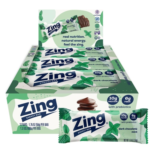 [BRSWIFL4BYHGGFTY] Zing Dark Chocolate Mint Vegan Protein Bars, Gluten Free with High Protein, High Fiber, Dairy Free Nutrition Bars, Plant Based Protein, Kosher, Low Sugar, No Sugar Alcohols - 12 count