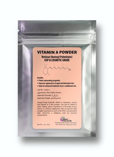 [BRSWYFAFBMCBSALA] Vitamin A Powder Retinyl Palmitate, Pure Retinol Powdered Vitamin Water Soluble Vitamin A USP & Cosmetic Grade (1 oz. / 28 Grams)