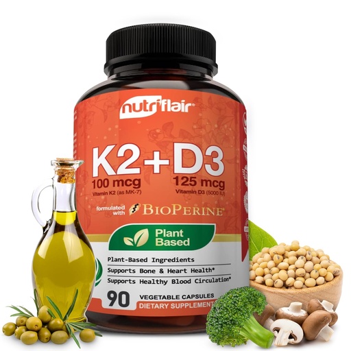 [BRSWGZ35OYGW2A33] NutriFlair Vitamins D3 (5000iu/125mcg) + K2 (as Mk7) - Made with Plant-Based Ingredients Plus BioPerine Black Pepper Extract, 90 Capsules - Supports Healthy Immune, Heart and Health - Non-GMO Pills
