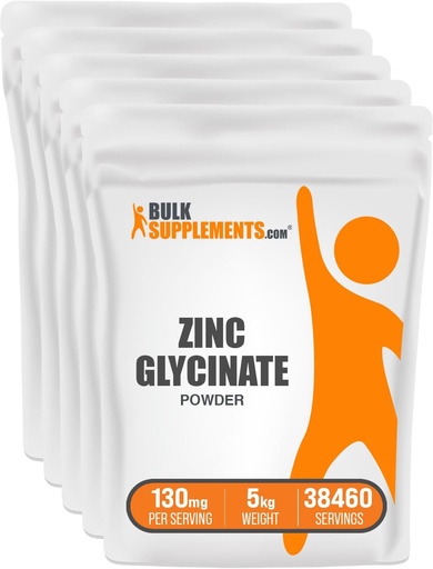 [BRSWGHD6CANAMYDD] BulkSupplements.com Zinc Glycinate Powder - Zinc Supplement, Mineral Supplement for Immune Support - Gluten Free, 130mg per Serving, 5kg (11 lbs) (Pack of 5)