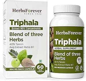 [BRSWIYIGAADRUD3I] Herbsforever Triphala Capsules Extract Ratio (8:1) 40% Amla, Haritaki & Bibhitaki for Daily Detoxifying, Cleansing, & Rejuvenating 60 Vege Capsules