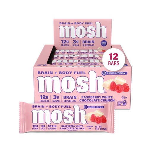 [BRSRABIZOUORADI3] MOSH Raspberry White Chocolate Crunch Keto Protein Bars, High Fiber, Low Carb, Gluten Free, High Protein, Brain Healthy Snack, 12 Count