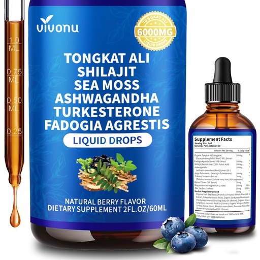 [BRSRAGD6AV5GYETZ] VivoNu Tongkat Ali Liquid Drops with Shilajit* for Men, Turkesterone, Fadogia Agrestics, Magnesium Zinc & Boron, Berry Flavor Herbal Supplements* for Energy*, Immune* Health-