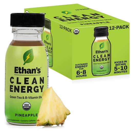 [BRSWYYITPMBA2E3Z] Ethan's Organic Clean Energy Shots Pineapple, 12 Pack of 2oz | 150mg Caffeine | Green Tea, Guayusa, Lion's Mane & Cordyceps | Sugar-Free, Vegan, Gluten-Free, USDA Organic