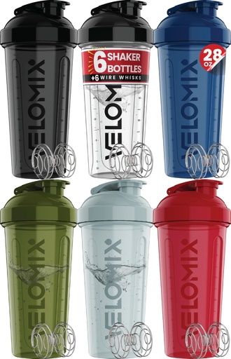 [BRSRGY32AEFGECT2] VELOMIX -6 PACK- 28 oz Protein Shaker Bottle for Protein Mixes -6x Wire Whisk | Leak Proof Shaker Cups for Protein Shakes | Large, Stackable Protein Shaker Bottle Pack