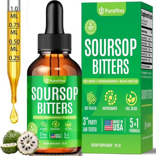 [BRSREHYZCMNGYDTH] Soursop Bitters Liquid Drops 5-in-1 Detox & Cleanse with Irish Sea Moss, Black Seed Oil, Ashwagandha, Graviola Leaf Extract Organic Sour Sop Supplement Pure Herb Liver, Gut & Antioxidant (1 Bottle)