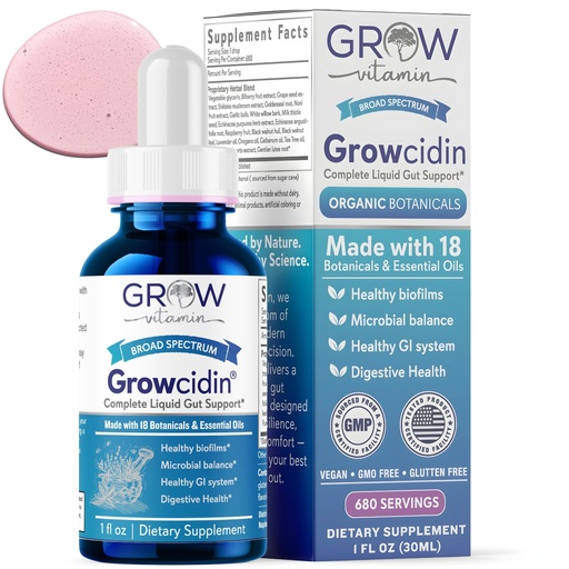 [BRSRGAD6BANBO3DV] grow vitamin Growcidin, Complete Liquid Gut Support, Made with 18 botanicals & Essentials Oils, 680 Servings