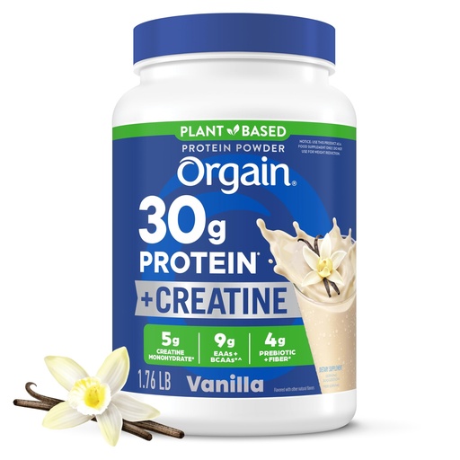 [BRSRGYY5BAMBYETA] Orgain 30g Vegan Protein + 5g Micronized Creatine Monohydrate Powder, Vanilla, 9g EAAs + BCAAs, 4g Fiber, 1g Sugar, Pre-Workout, Muscle Support, Post Workout Recovery and Brain Health, 1.76lb