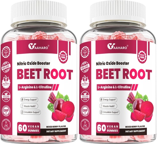 [BRSRGBIFOV6BQCTO] (2 Pack) Beet Root Gummies - Nitric Oxide Booster Supplements for Men & Women with Beetroot, L-Citrulline & L-Arginine - Heart, Muscle & Circulation Support - Sugar Free, Vegan, Mixed Berry Flavor