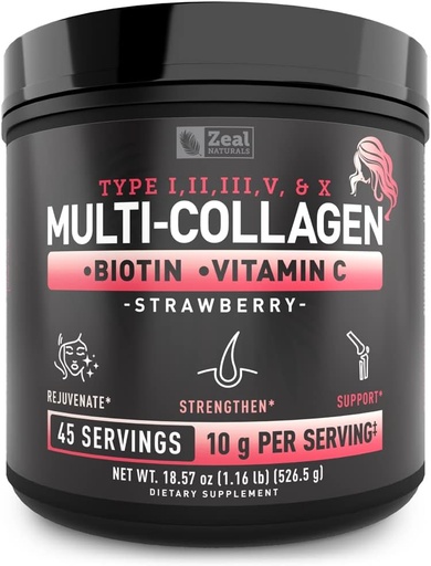 [BRSRMCQPBUAWGF3U] Premium Multi Collagen Peptides Protein Powder (1, 2, 3, 5 & 10) mit Vitamin C, Biotin, Hyaluronsäure, für Haarhaut und Nägel - Marine, Rinder, Huhn & Eggshell (Strawberry, 45 Servierungen)