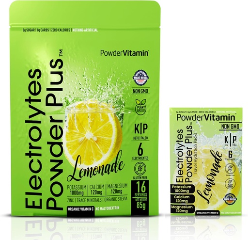 [BRSRAGAKOUMWE3A2] PowderVitamin Electrolytes Powder Plus, Keto, Lemonade, Sugar Free, Pink Himalayan Salt, 1000mg Potassium, 120mg Calcium, 120mg Magnesio, Non-GMO, Zero calorías, (16 Hydration Packets)