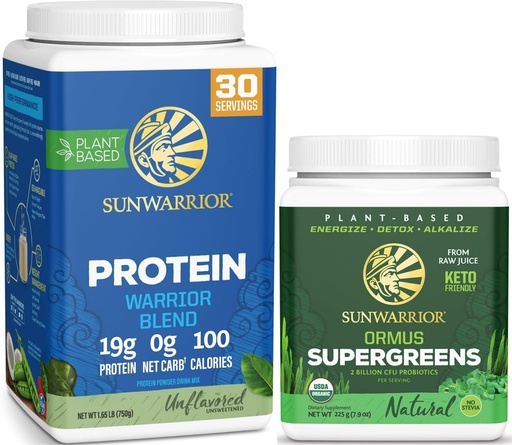 [BRSRGFTYCAPQIDT5] Sunwarrior Organic Greens Probiotic Powder & Plant Based Protein Powder Set | Bundle & Save | Ormus Supergreens Plus Vegan Organic Warrior Blend (30 Servings Protein, 45 Servings Greens)