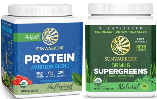 [BRSRGFTYBBYGM3D4] Sunwarrior Organic Greens Probiotic Powder & Plant Based Protein Powder Set | Bundle & Save | Ormus Supergreens Plus Vegan Organic Warrior Blend (15 Servings Protein, 45 Servings Greens)