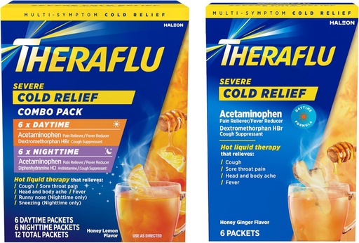 [BRSRAZTYOEARSFA6] Theraflu Severe Cold Relief Hot Liquid Powder Combo: 12ct Daytime/Nighttime Honey Lemon Flavor + 6ct Daytime Honey Ginger Flavor