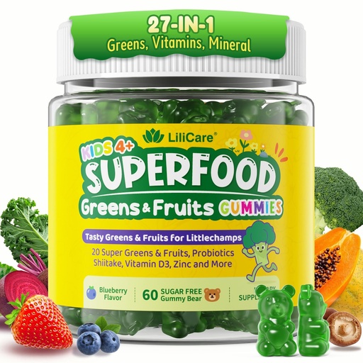 [BRSREFT3CUFRQEIY] Kids Multivitamin Gummies w/Super Greens, 30 Veggie, Fruit, Iron, Daily Vitamin A C E D3 B12, Zinc, Probiotic, Shiitake, Kids Vitamins for Picky Eater Growth, Immunity, Digestion, Sugar Free, 60Cts