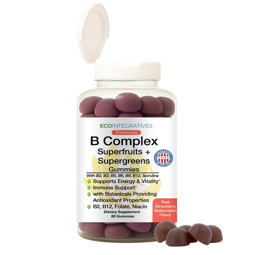 [BRSRGYACAR5RQAI2] B Complex Gummies + Superfruits + Supergreens – Energy, Vitality & Immune Support – with B2, B3, B5, B6, B9 Folate & High Potency B12 – Rich in Antioxidants – Vegan, Gluten Free, Non-GMO – 60 Gummies