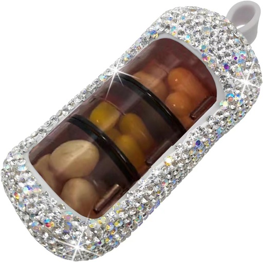 [BRSROBQCAUFB6FAY] Bling Pill Organizer - Cute and Compact Pill Box for Purse - Stylish Pill Case with Sparkling Design - Travel-Friendly Medicine Holder -Slide in/Out Design Pill Organizer (Silver)
