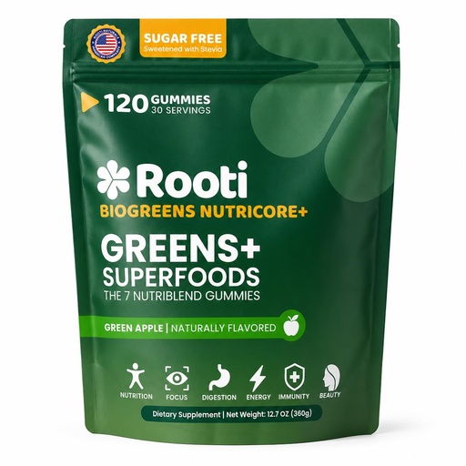[BRSREGT6AQGQ2G37] Natural Supergreens Multivitamin Gummies, Adaptogens, Pre & Probiotics, Fiber for Digestive & Gut Health, Bloating Support, Sugar Free, Green Apple – Individually Wrapped (120ct)