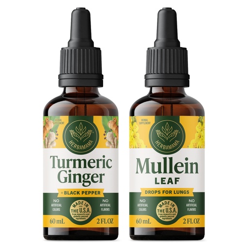 [BRSRAGAPCIBRU33F] HERBAMAMA Liquid Drops Kit - Bundle of Turmeric Ginger Extract and Mullein Leaf Tincture 2 fl oz - Vegan, Non-GMO, Sugar & Alcohol-Free - 2 Pack