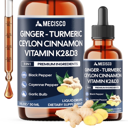 [BRSREFL3OANAECLA] 11in1 Ginger Root Liquid Drops with Vitamin D3, Vitamin K2, Turmeric, Ceylon Cinnamon, Berberine Extract, Garlic, Black Pepper and More - 1 FL Oz - 2 Month Supply