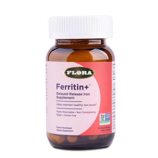 [BRSREYACOIMWEDYV] Flora Ferritin+ Delayed-Release Iron Supplement - Plant-Based Iron Supplement - Blood Cell & Energy Support - Vegan & Gluten-Free - Amber Glass Bottle - 60 Vegan Capsules