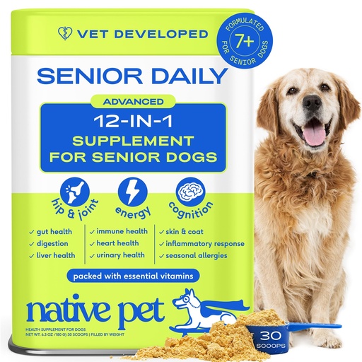 [BRSRGGA5BEIGOHLL] Native Pet Senior Daily Dog Vitamins & Supplements – 12-in-1 Dog Multivitamin Powder for Senior Dogs – Supports Mobility, Cognition, Digestion, Immune Health & More – 30 Scoops