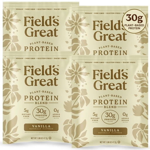 [BRSRG2QCCUNAGHQ2] Field's Great Plant-Based Protein with Fiber for Muscle Maintenance, Vegan Protein Powder, Whey Free, Gluten Free, Dairy Free - 30g of Protein and 5g Fiber in Each Serving (Vanilla -4 Pack)