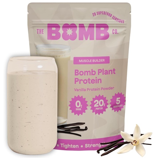 [BRSRAFD5PN6QACT4] The Bomb Co. Bomb Plant Protein, Protein Powder with 20g Protein, Amino Acids, Zero Sugar, Pea Protein, Chia Seeds, Pumpkin Seeds, Vanilla & Monk Fruit, Gluten Free, Vanilla Flavor, 20 Srvgs
