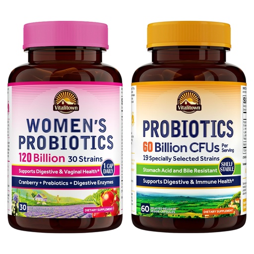 [BRSRAFQZBYIAAH37] Vitalitown Probiotic Bundle (Pack of 2) | Women’s Probiotics 120 Billion (Item 1) & Probiotics 60 Billion (Item 2) | Shelf Stable | Digestive & Women’s Health | 30 Servings Each