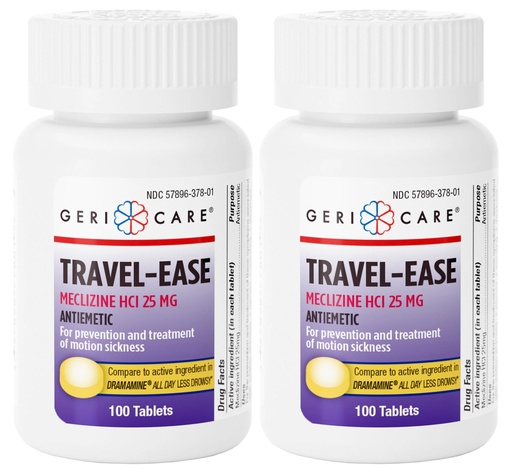 [BRSRAZYECANB63L4] GeriCare Meclizine HCI 25mg Antiemetic Travel-Ease Tablets, Prevents and Treats Motion Sickness, Nausea Relief, 100 Count (Pack of 2)