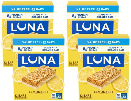[BRSRGAAFDMNRGGT2] LUNA Bar - LemonZest Flavor - Gluten Free Snack Bars - Non-GMO - Protein Bars - Made with Organic Oats - Value Pack 12 Count (Pack of 4)