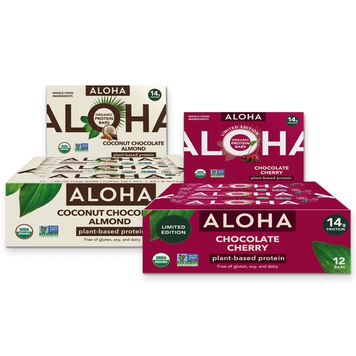 [BRSRYZT5CEOWMDIY] ALOHA Organic Plant-Based Protein Bars Bundle — Coconut Chocolate Almond + Chocolate Cherry | 24 Bars (1.98oz, 12+12) | 14g Plant-Based Protein | Beach Day · Road Trip · Travel Snack | Vegan, Gluten-F
