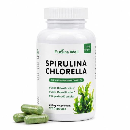 [BRSRGCAOB4JQE235] Organic Spirulina Chlorella Capsules with Chlorophyll, Blue Green Algae Superfood Supplement, Spirulina and Chlorella Capsules, Organic Spirulina & Organic Chlorella, Green Food Complex, 120 Capsules